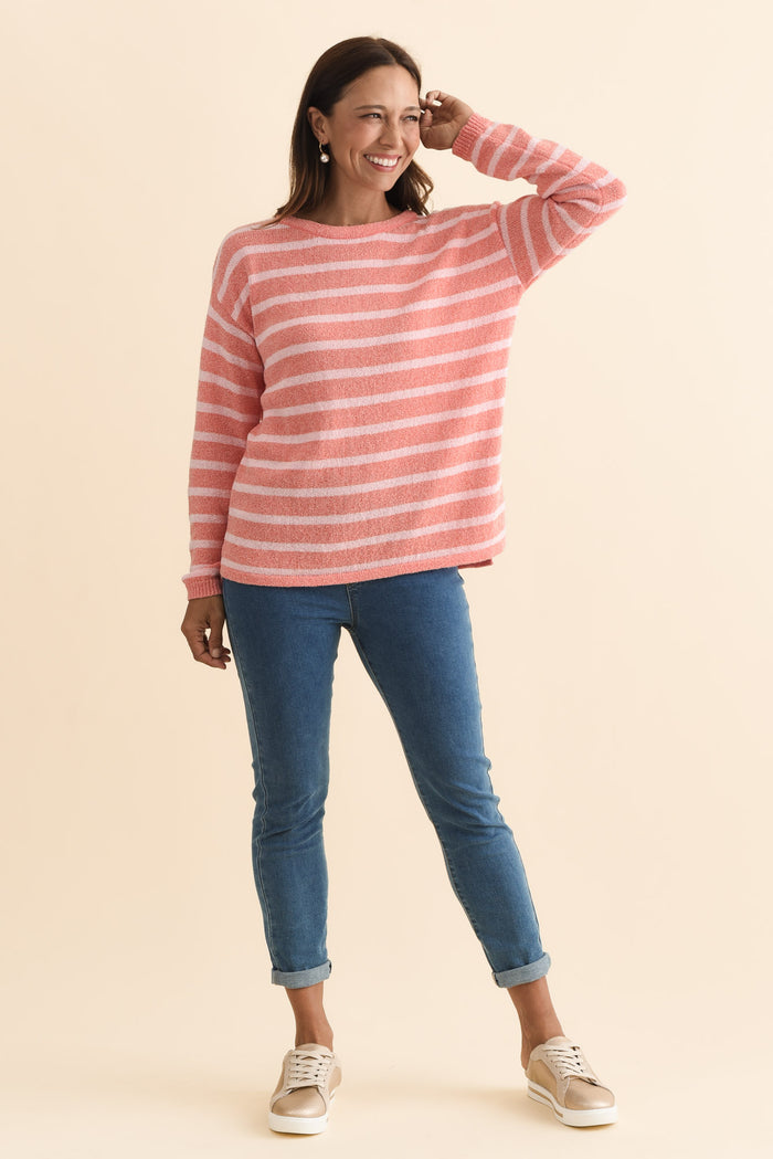 Bradford Coral Stripe Knit Top,Brunette model,alt text|model:Cara