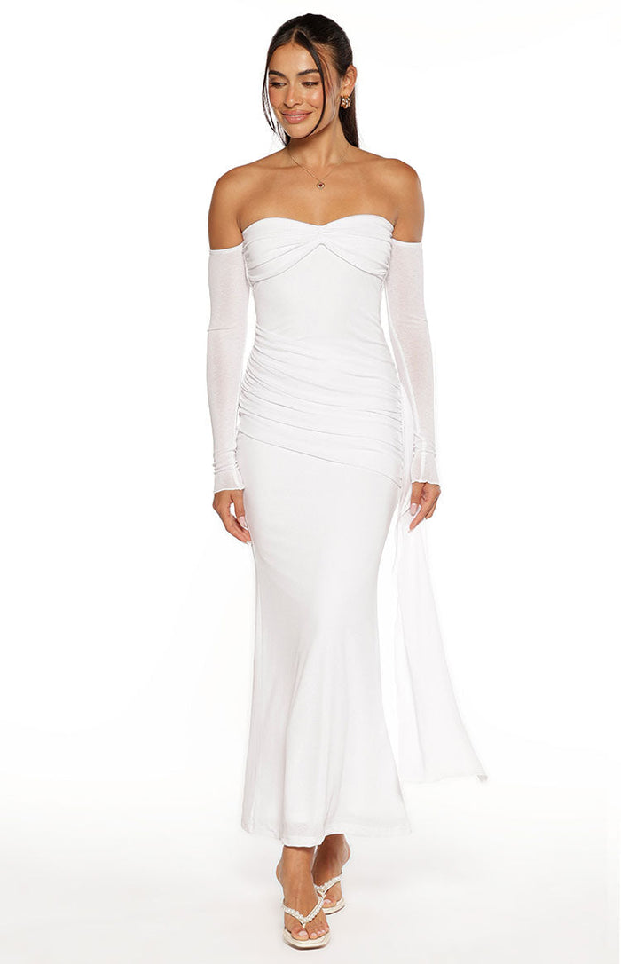 Front view of a white strapless maxi dress with a twisted bust, ruched sides, and detached long sleeves