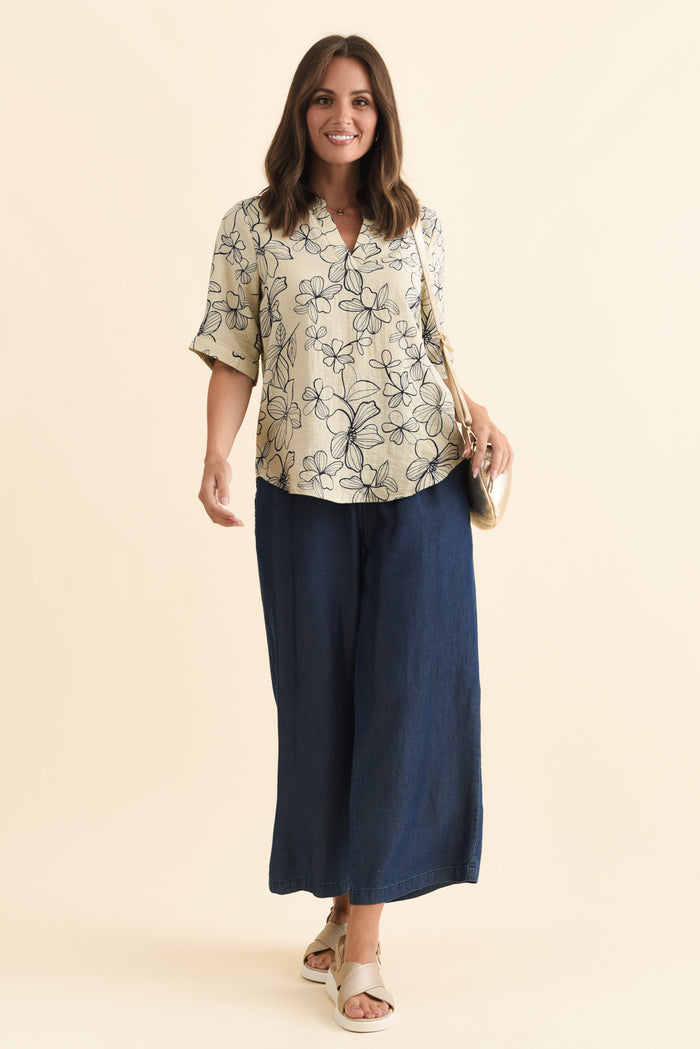 Breigh Sage Flower V Neck Top,Brunette model,alt text|model:MJ