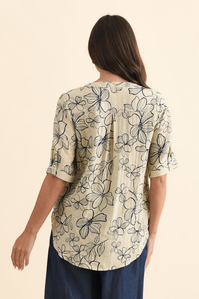 Breigh Sage Flower V Neck Top,Brunette model,alt text|model:MJ