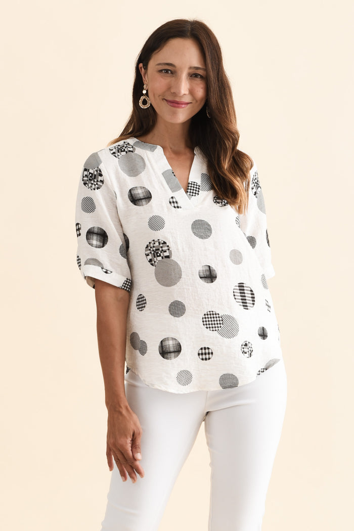 Breigh White Spot V Neck Top,Brunette model,alt text|model:Cara