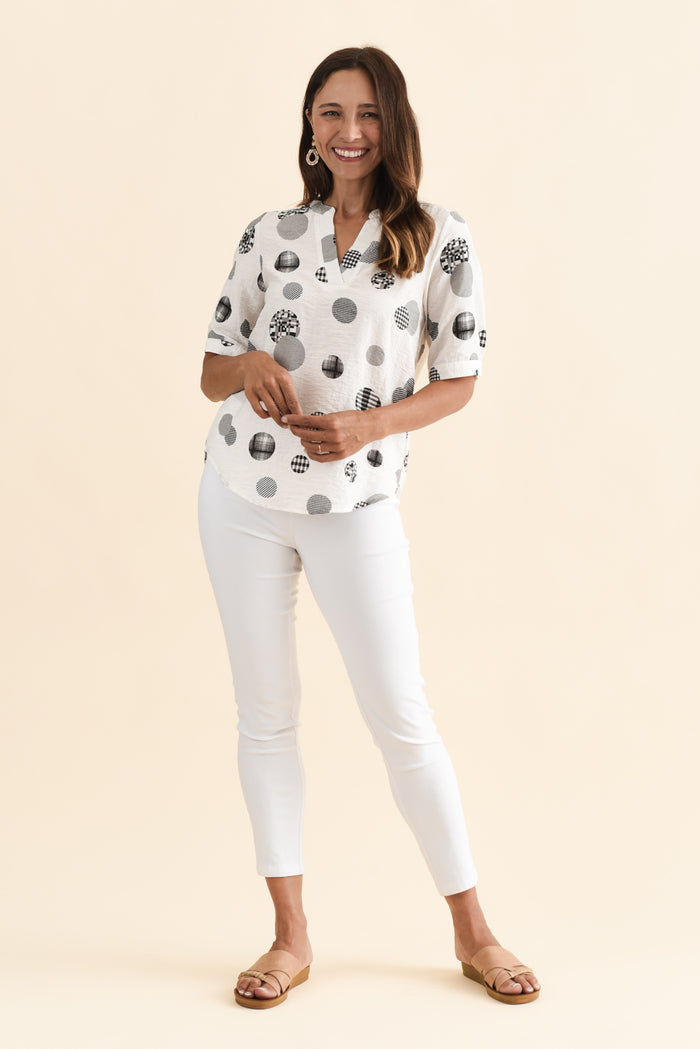 Breigh White Spot V Neck Top,Brunette model,alt text|model:Cara