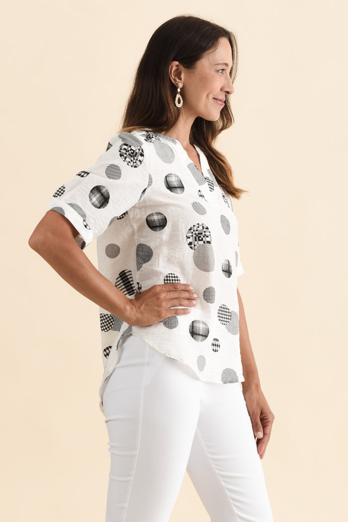 Breigh White Spot V Neck Top,Brunette model,alt text|model:Cara