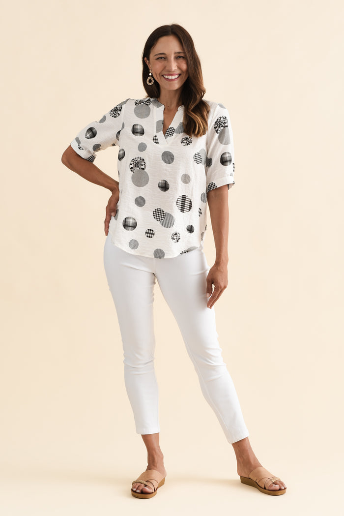 Breigh White Spot V Neck Top,Brunette model,alt text|model:Cara