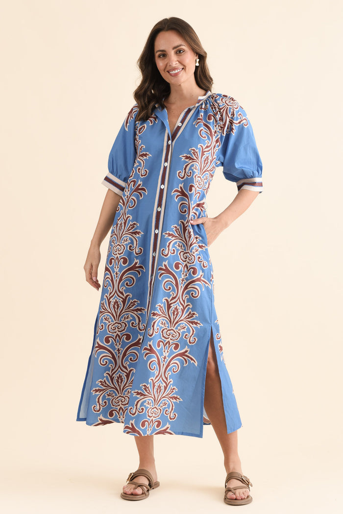Brianne Blue Abstract Cotton Tie Dress,Front,Brunette model,alt text|model:MJ