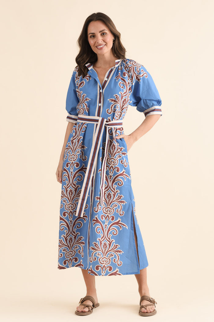 Brianne Blue Abstract Cotton Tie Dress,Full Body,Brunette model,alt text|model:MJ