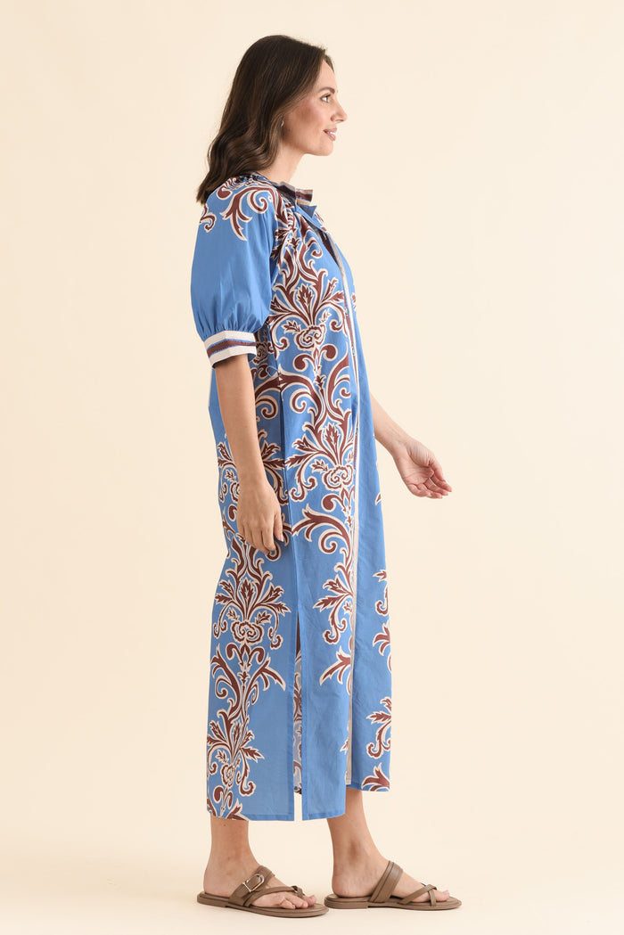 Brianne Blue Abstract Cotton Tie Dress,Side,Brunette model,alt text|model:MJ