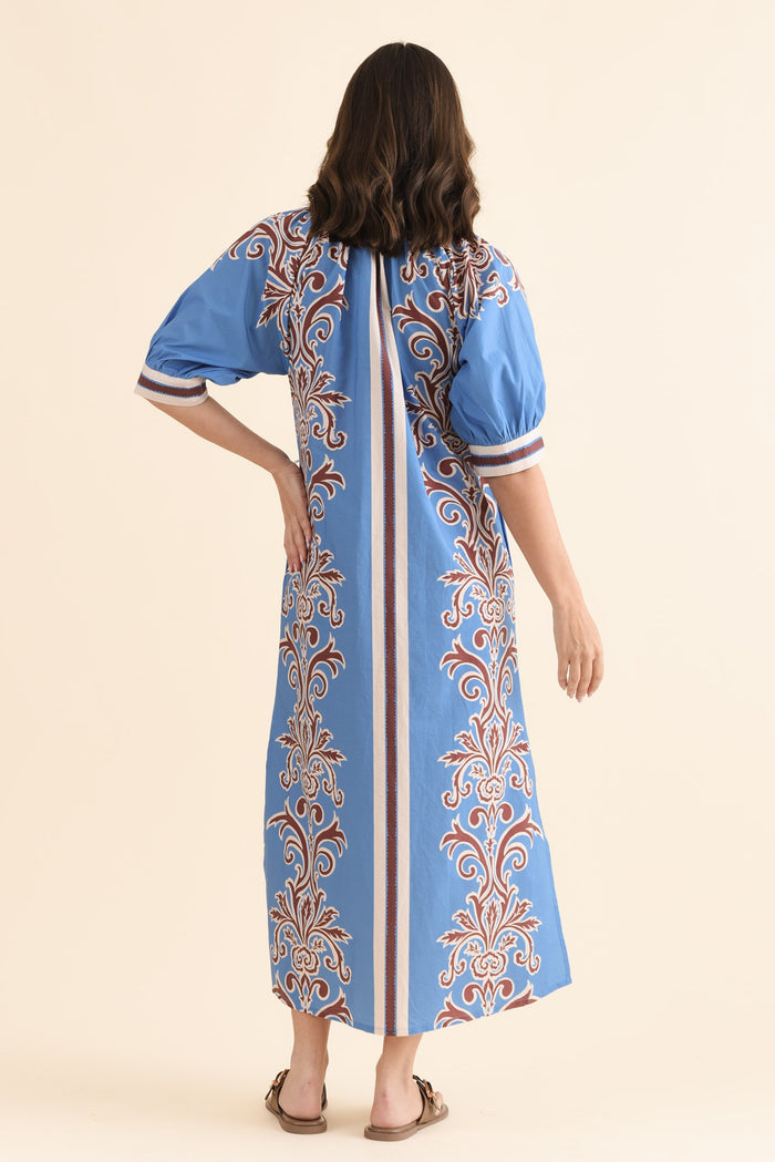 Brianne Blue Abstract Cotton Tie Dress,Back,Brunette model,alt text|model:MJ