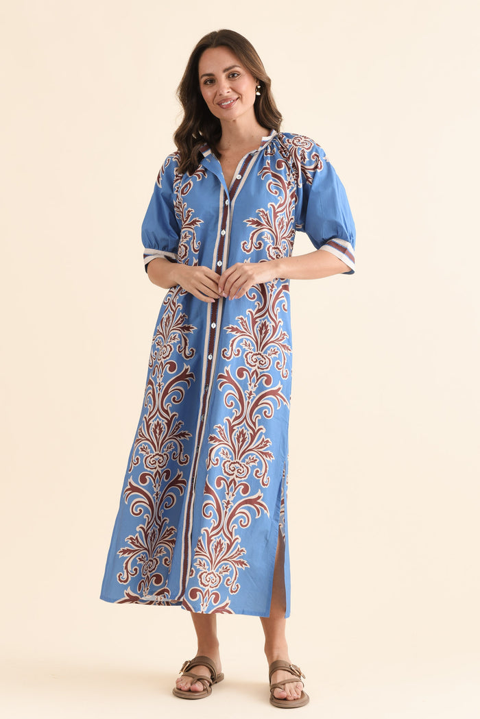 Brianne Blue Abstract Cotton Tie Dress,Full Body,Brunette model,alt text|model:MJ