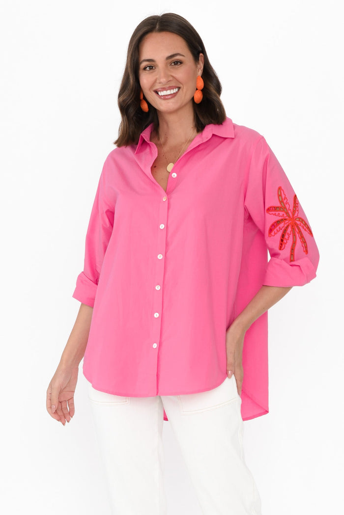 Briella Pink Palm Cotton Shirt,Brunette model,alt text|model:MJ
