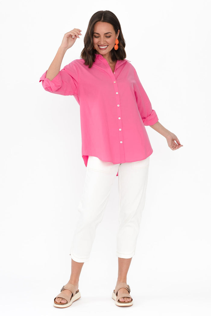 Briella Pink Palm Cotton Shirt,Brunette model,alt text|model:MJ