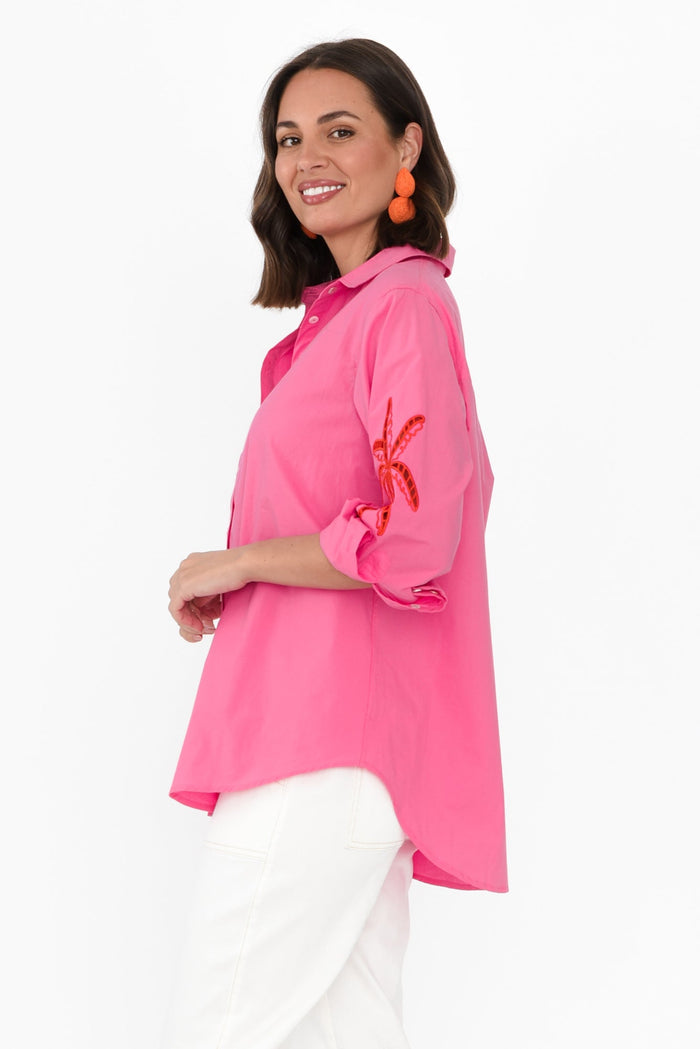 Briella Pink Palm Cotton Shirt,Brunette model,alt text|model:MJ