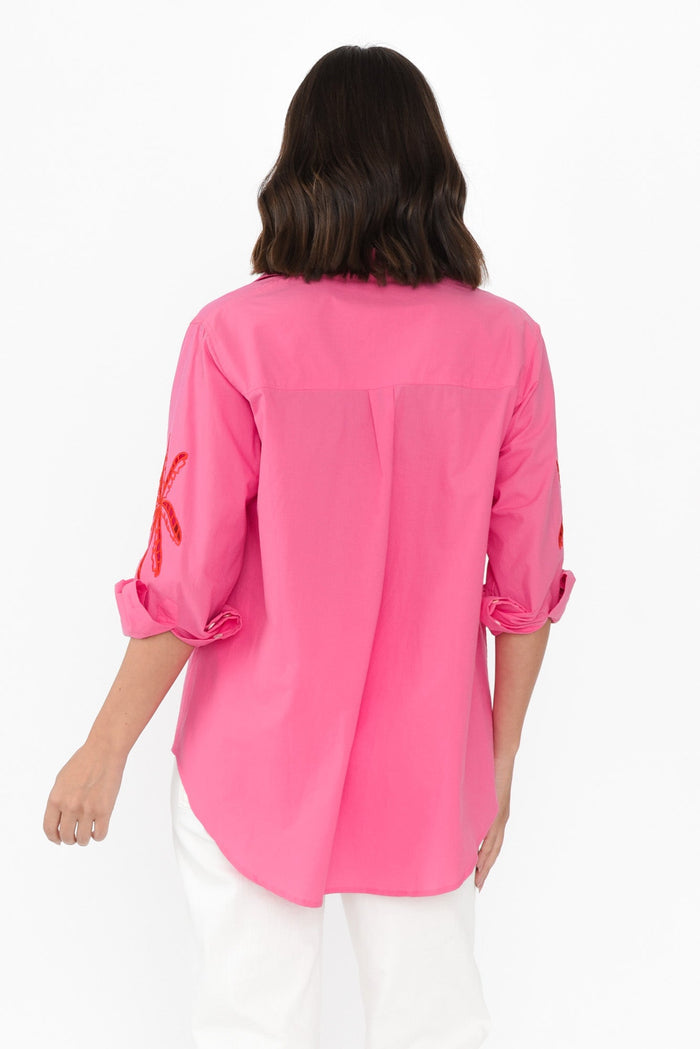Briella Pink Palm Cotton Shirt,Brunette model,alt text|model:MJ