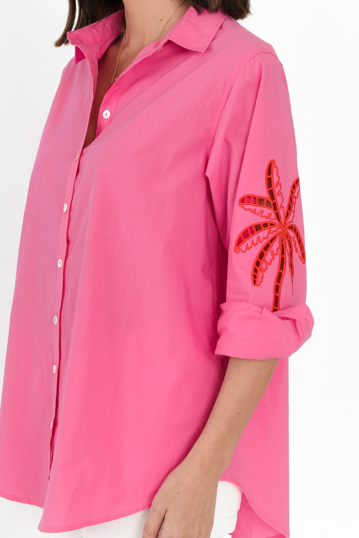 Briella Pink Palm Cotton Shirt,Brunette model,alt text|model:MJ