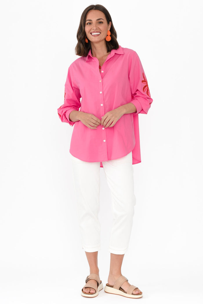 Briella Pink Palm Cotton Shirt,Brunette model,alt text|model:MJ