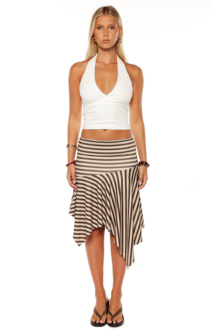 Front view of a brown stripe midi skirt with an asymmetrical hem and diagonal stripe pattern