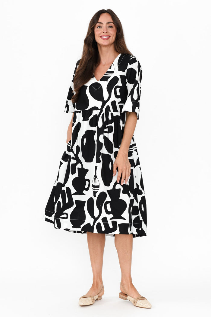 Brightside Black Abstract Cotton Dress,Brunette model,alt text|model:Elouise