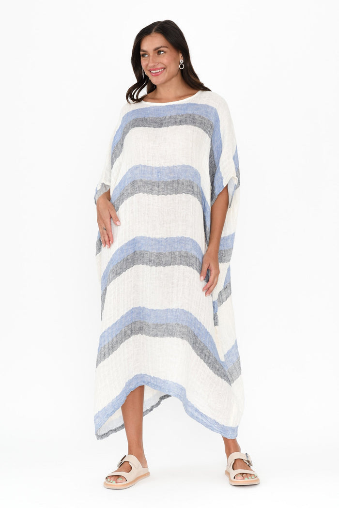 Brinley Navy Stripe Linen Dress,Brunette model,alt text|model:Brontie