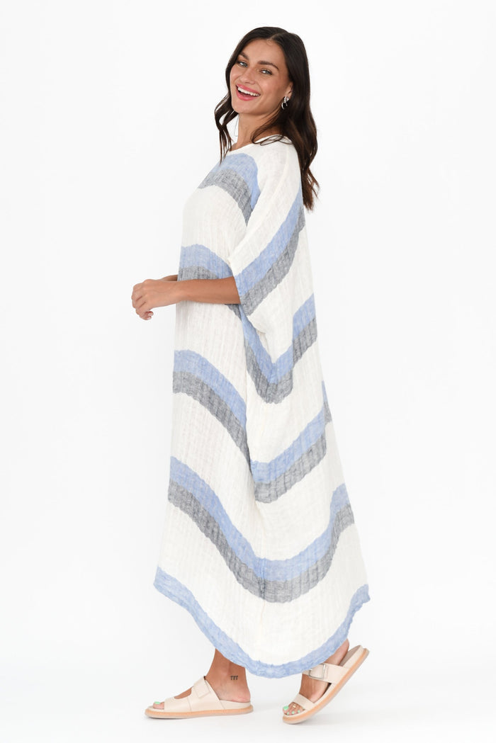 Brinley Navy Stripe Linen Dress,Brunette model,alt text|model:Brontie