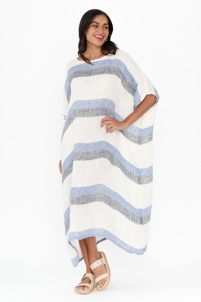Brinley Navy Stripe Linen Dress,Brunette model,alt text|model:Brontie