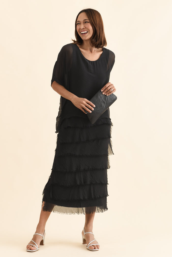 Britt Black Silk Layer Dress,Front,Brunette model,alt text|model:Cara