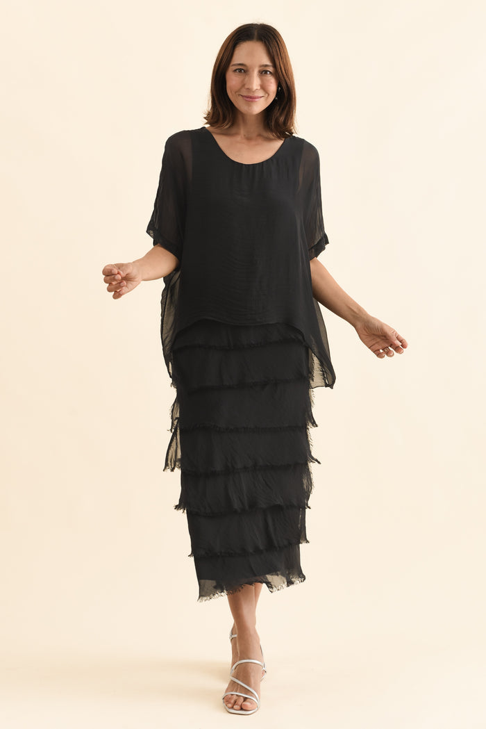 Britt Black Silk Layer Dress,Full Body,Brunette model,alt text|model:Cara