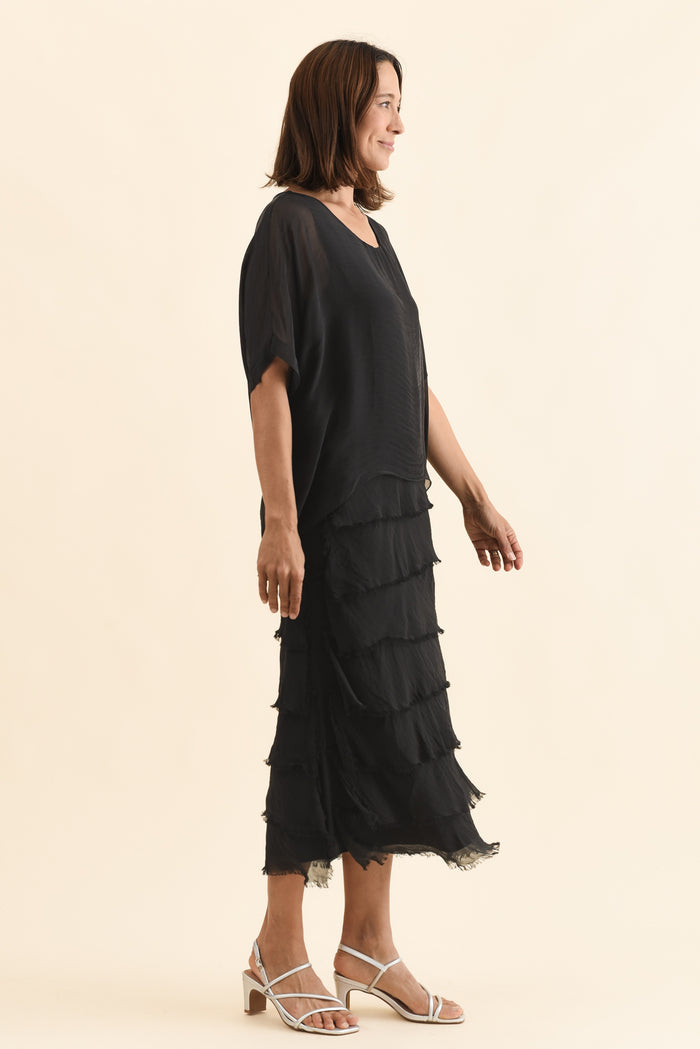 Britt Black Silk Layer Dress,Side,Brunette model,alt text|model:Cara