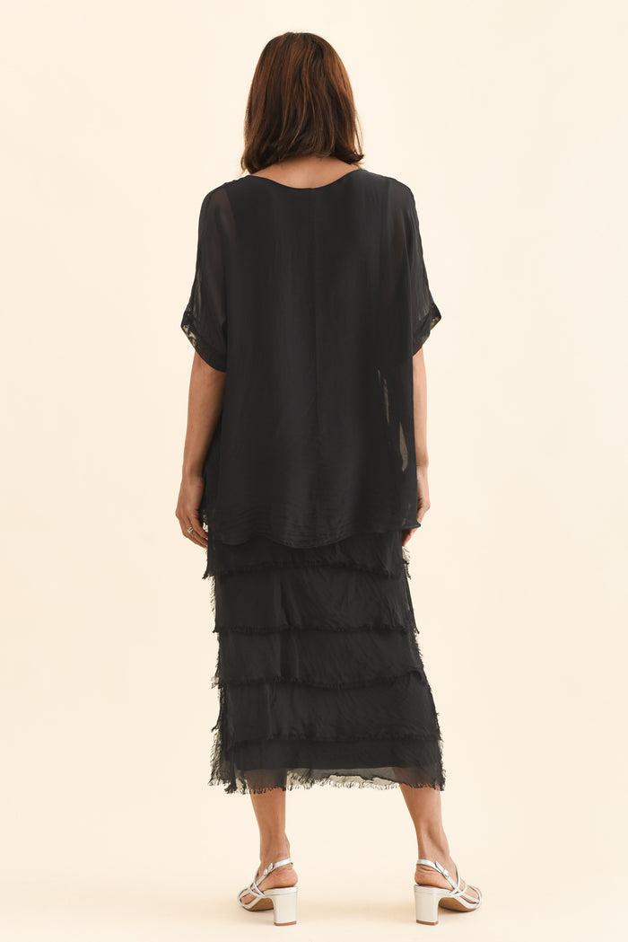 Britt Black Silk Layer Dress,Back,Brunette model,alt text|model:Cara