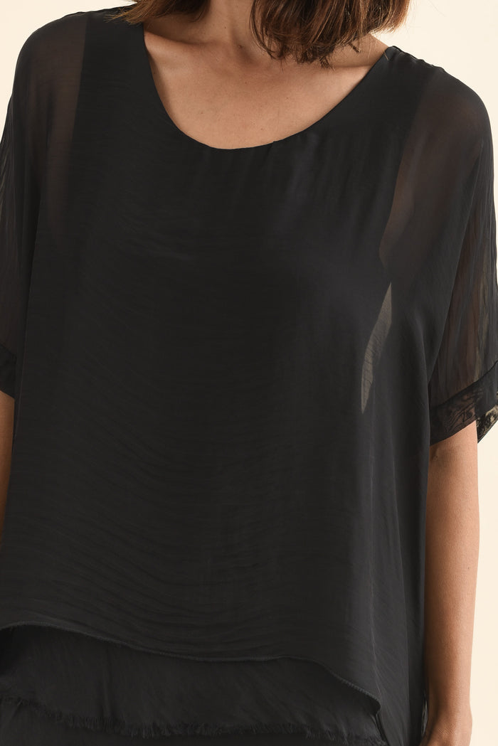 Britt Black Silk Layer Dress,Detail,Brunette model,alt text|model:Cara