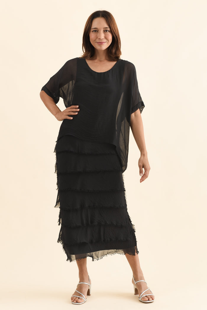 Britt Black Silk Layer Dress,Full Body,Brunette model,alt text|model:Cara