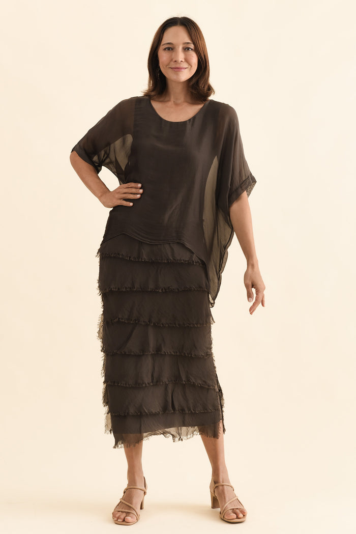 Britt Chocolate Silk Layer Dress,Front,Brunette model,alt text|model:Cara