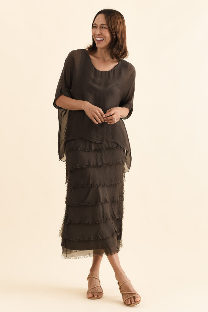Britt Chocolate Silk Layer Dress,Full Body,Brunette model,alt text|model:Cara