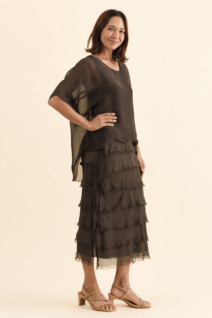 Britt Chocolate Silk Layer Dress,Side,Brunette model,alt text|model:Cara