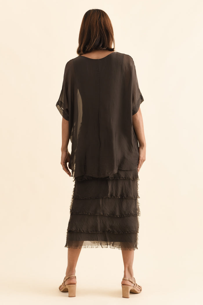 Britt Chocolate Silk Layer Dress,Back,Brunette model,alt text|model:Cara