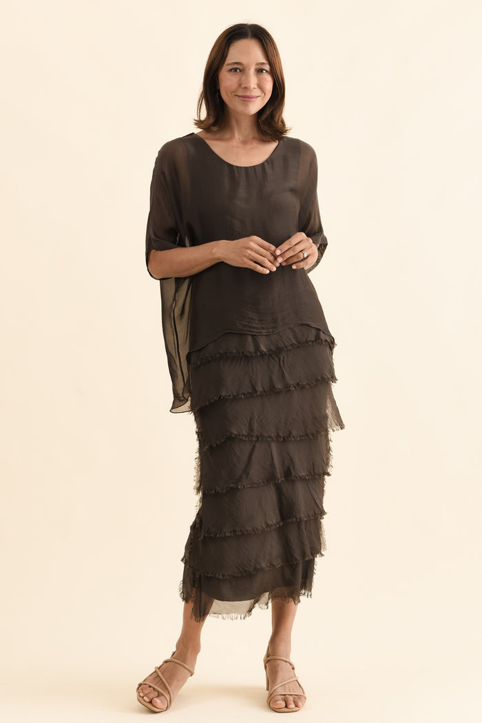 Britt Chocolate Silk Layer Dress,Full Body,Brunette model,alt text|model:Cara