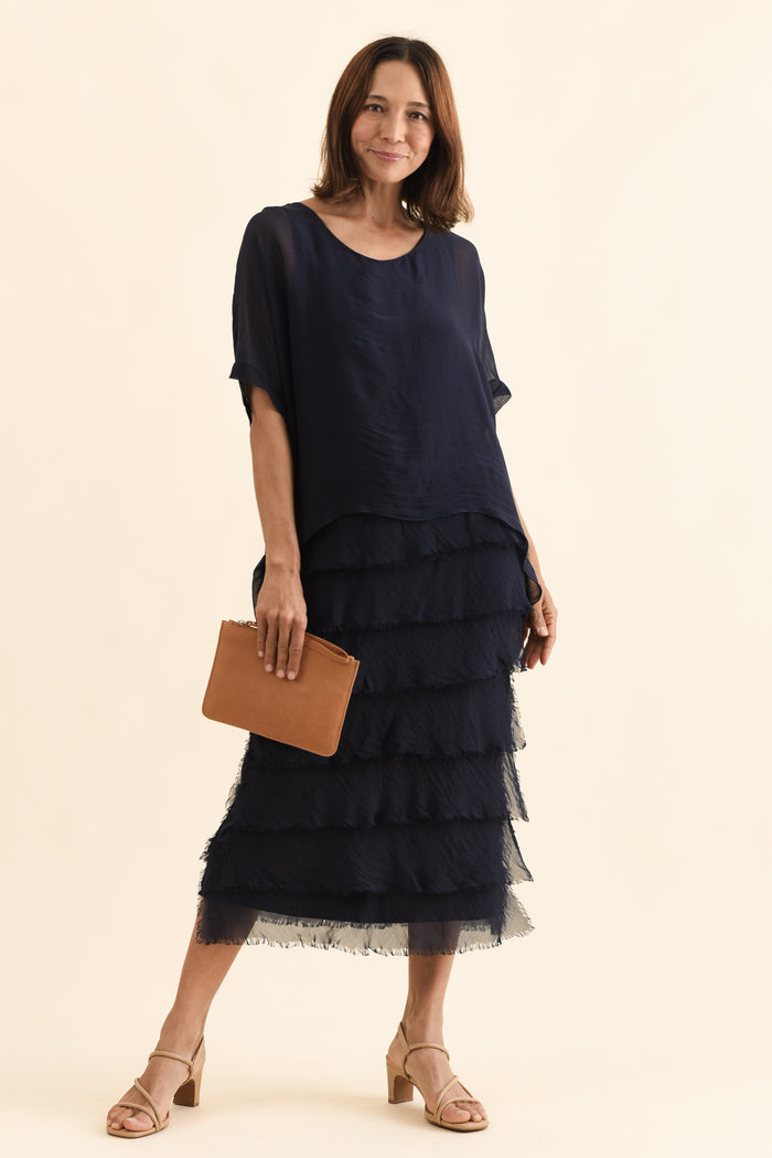 Britt Navy Silk Layer Dress,Front,Brunette model,alt text|model:Cara