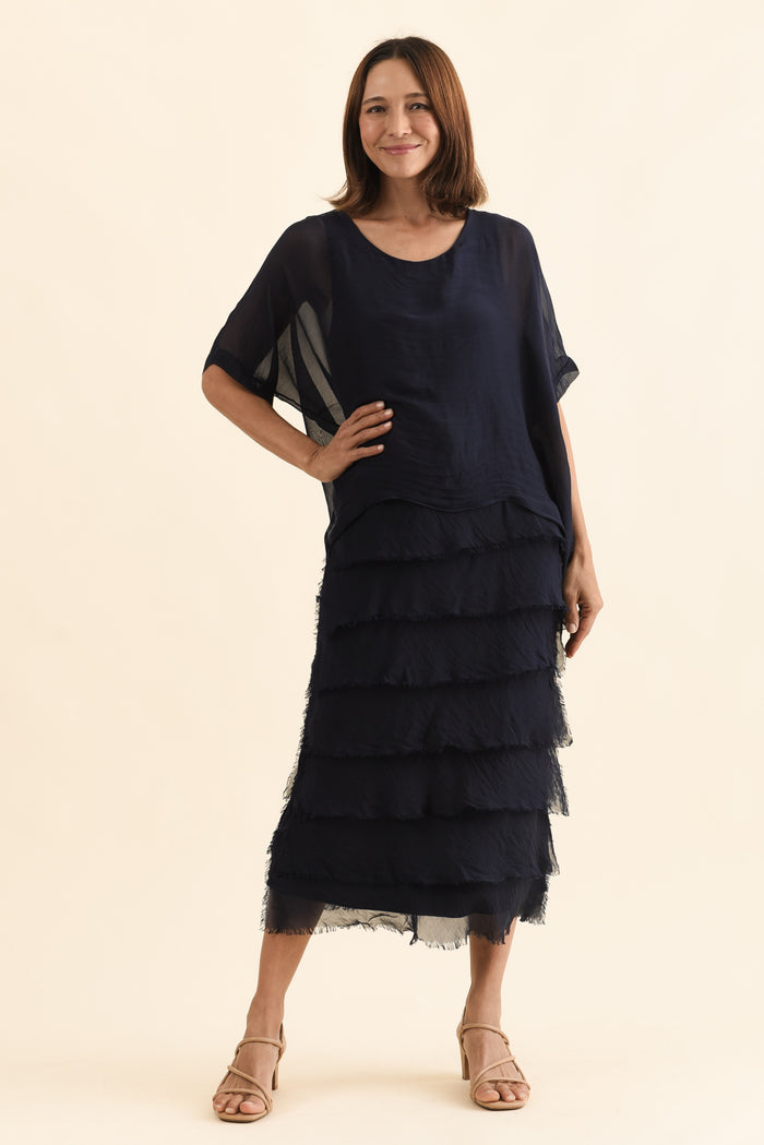 Britt Navy Silk Layer Dress,Full Body,Brunette model,alt text|model:Cara