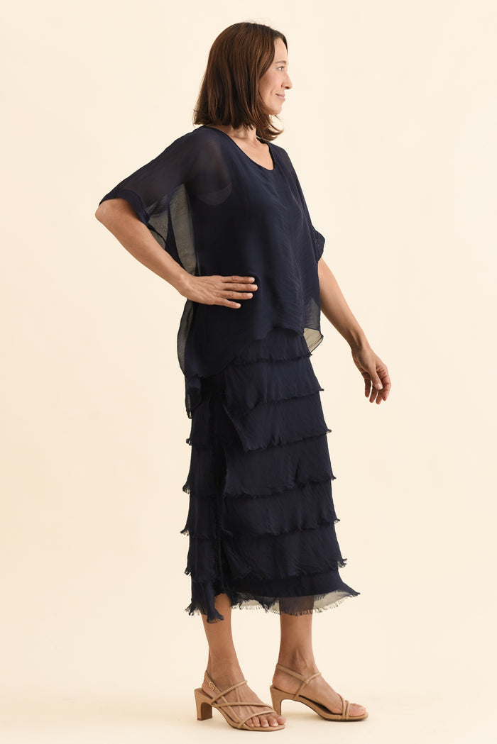 Britt Navy Silk Layer Dress,Side,Brunette model,alt text|model:Cara