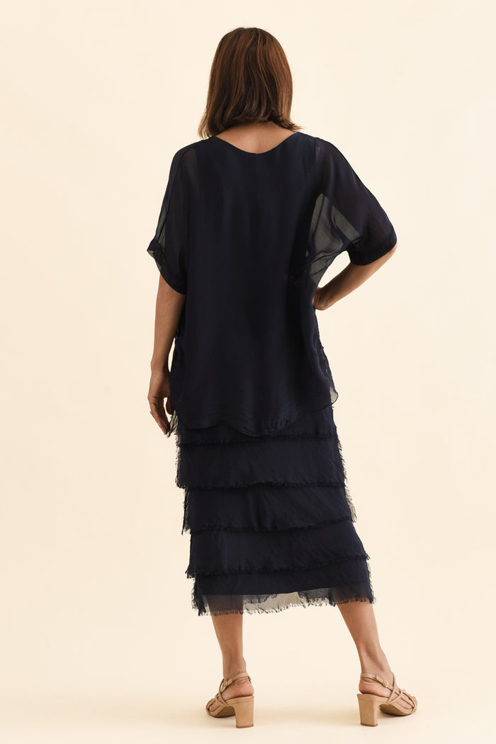 Britt Navy Silk Layer Dress,Back,Brunette model,alt text|model:Cara