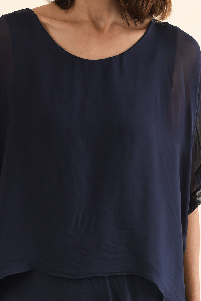 Britt Navy Silk Layer Dress,Detail,Brunette model,alt text|model:Cara