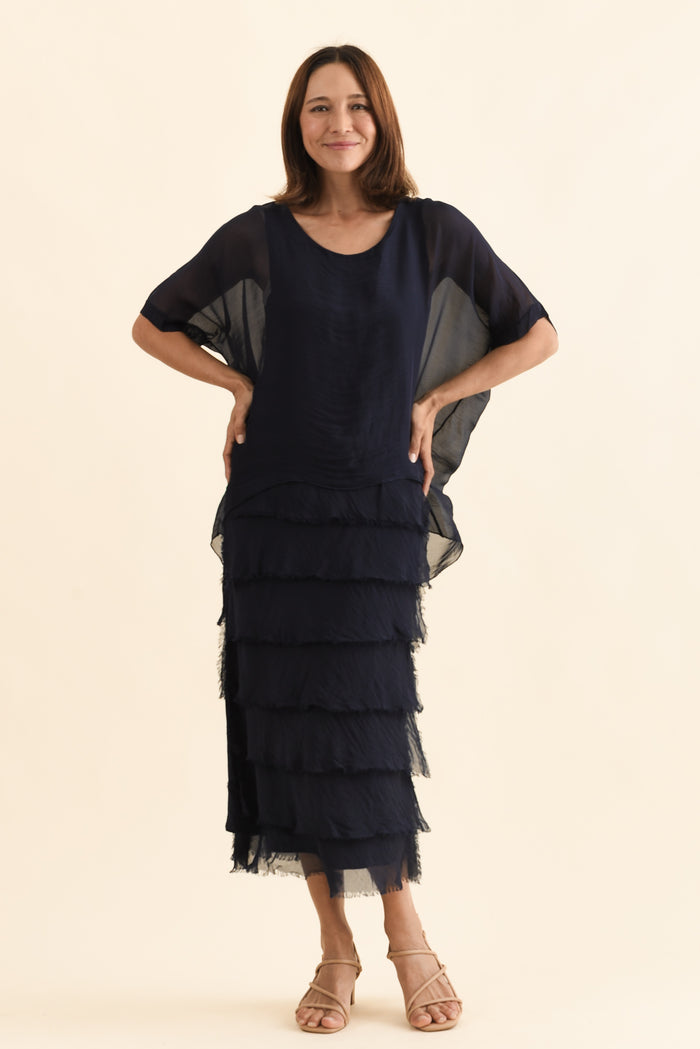 Britt Navy Silk Layer Dress,Full Body,Brunette model,alt text|model:Cara