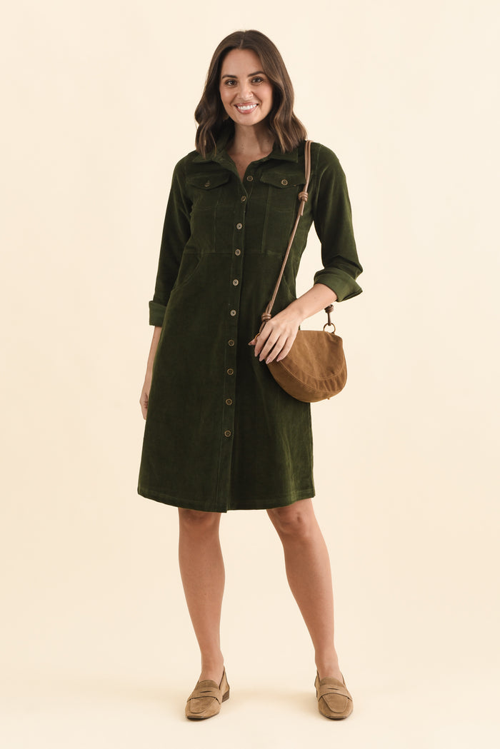 Bronwyn Forest Green Corduroy Button Dress,Brunette model,alt text|model:MJ