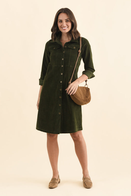 Bronwyn Forest Green Corduroy Button Dress,Brunette model,alt text|model:MJ
