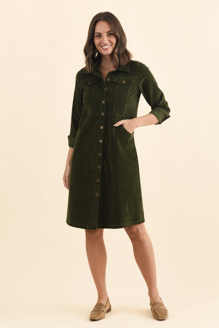 Bronwyn Forest Green Corduroy Button Dress,Brunette model,alt text|model:MJ