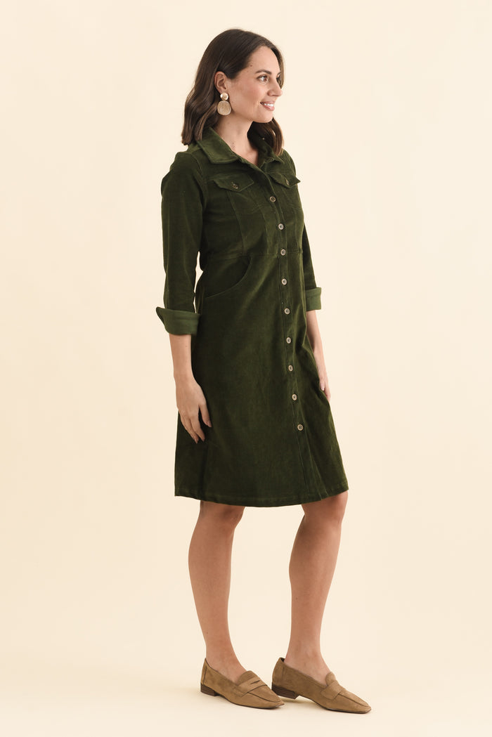 Bronwyn Forest Green Corduroy Button Dress,Brunette model,alt text|model:MJ