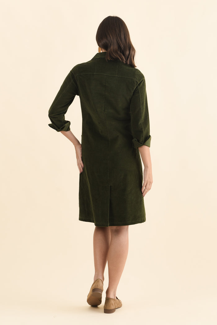 Bronwyn Forest Green Corduroy Button Dress,Brunette model,alt text|model:MJ