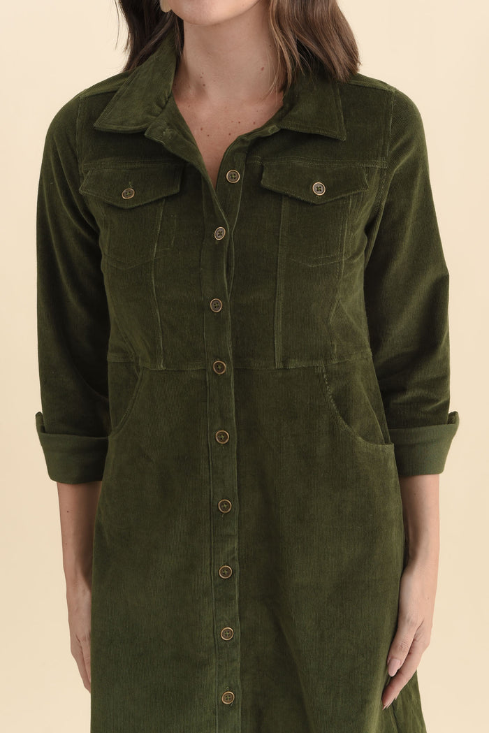 Bronwyn Forest Green Corduroy Button Dress,Brunette model,alt text|model:MJ