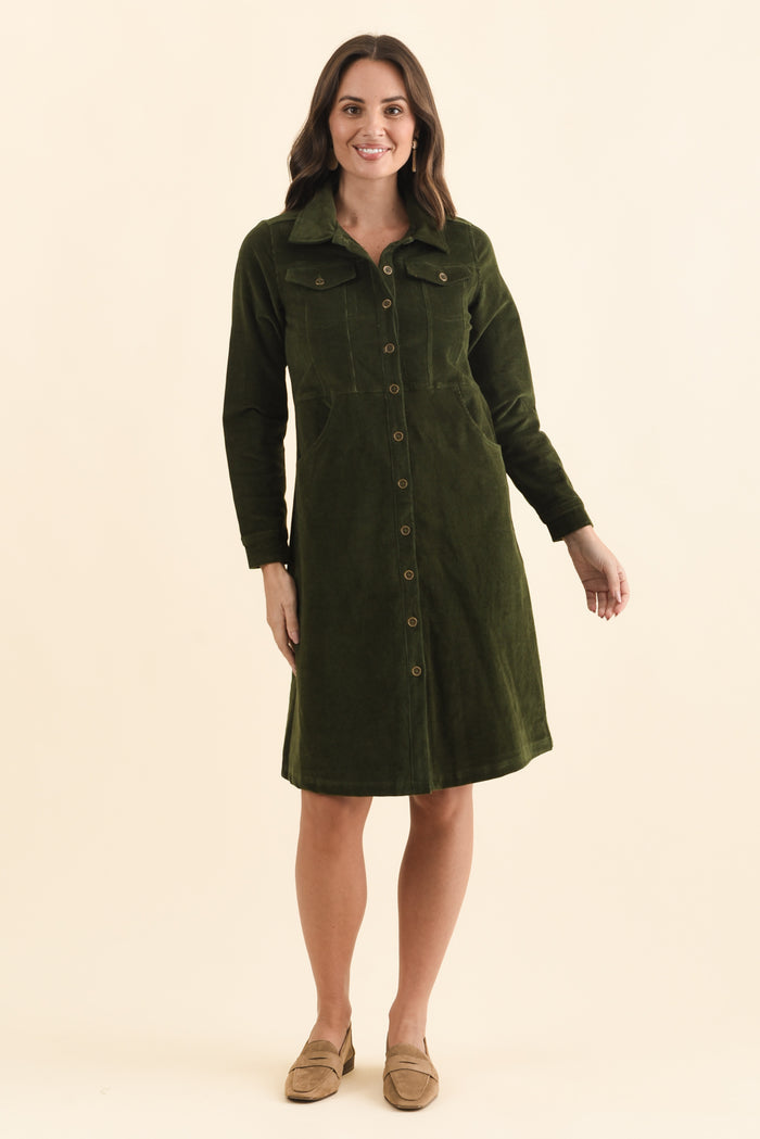 Bronwyn Forest Green Corduroy Button Dress,Brunette model,alt text|model:MJ
