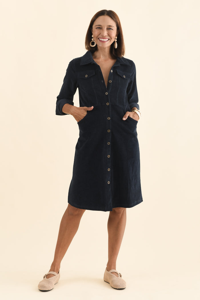 Bronwyn Navy Corduroy Button Dress,Brunette model,alt text|model:Cara