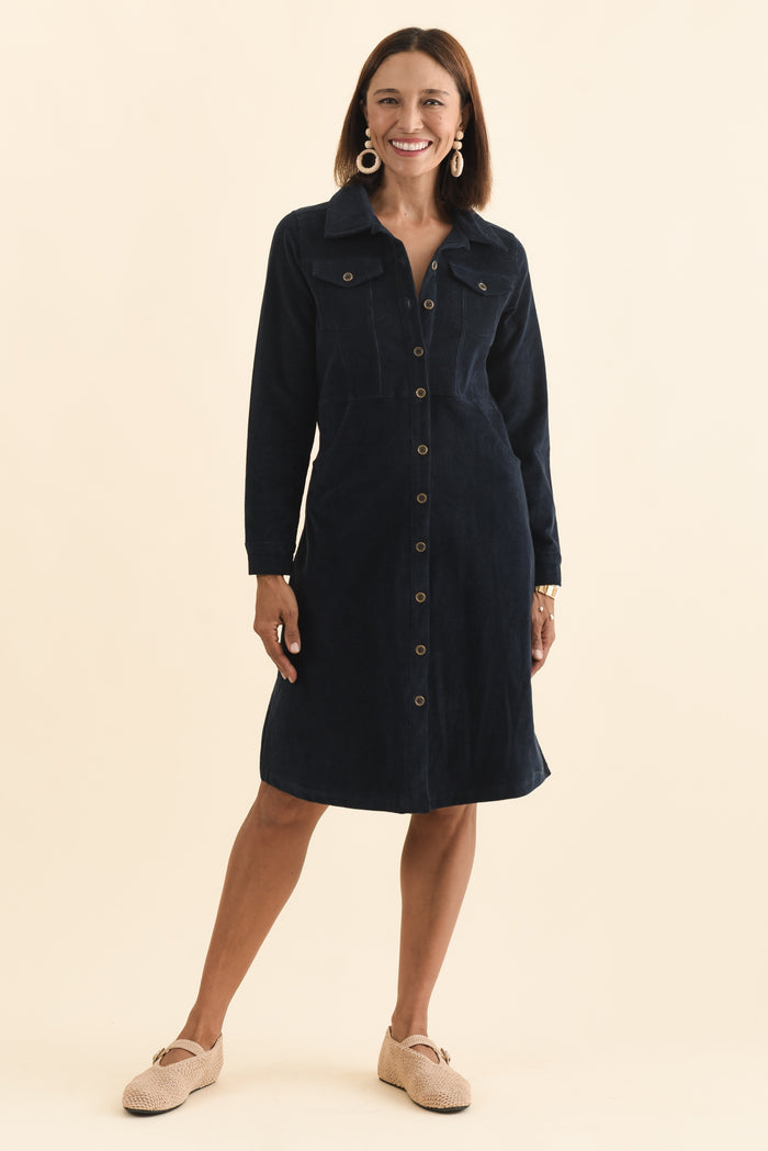 Bronwyn Navy Corduroy Button Dress,Brunette model,alt text|model:Cara